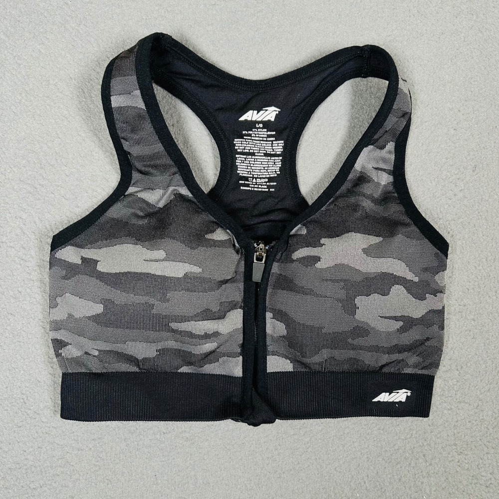 Avia Sports Bra Womens L Black Gray Camo Front Zip Racerback AV18191